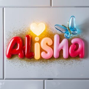 Alisha name DP in glossy cherry red-to-pink gradient with glitter accents and a glowing heart." 