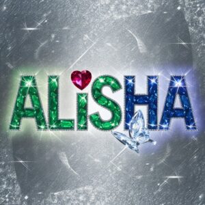 Alisha name DP with glowing jewel elements and a heart-shaped ruby centerpiece