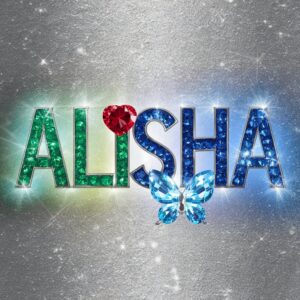 3D Alisha name DP featuring gemstone-inspired design and shimmering metallic silver backdrop." 