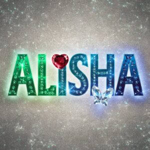 Exquisite jewel-themed Alisha name DP with radiant colors and a glass butterfly detail."