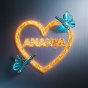 Shimmering Ananya logo blending fiery orange and serene blue with glowing heart and butterfly."