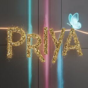 Elegant "Priya Name DP" with shimmering gold text and neon star accents