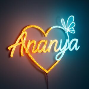 Elegant Ananya design with gradient sparkle, glowing heart, and glass butterfly