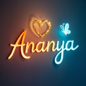 Ananya logo glowing in an orange-to-blue gradient with shimmering gold details on silver."