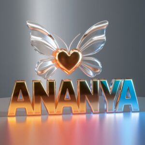 Whimsical logo of Ananya in gold with neon accents, heart, and butterfly on silver background."