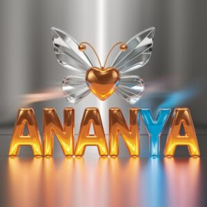 Vivid orange-to-blue gradient Ananya logo with glowing heart and whimsical butterfly