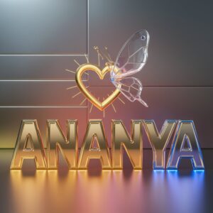 Bold Ananya logo with golden twitty letters, glowing neon hues, and fluttering glass butterfly