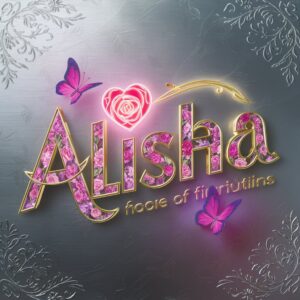 "Alisha name DP with intricate neon floral elements and golden lettering for a charming touch."