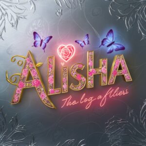 Alisha name DP with golden letters adorned by neon pink-lavender floral patterns and glowing butterflies."