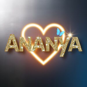 Ananya logo with glowing heart and gradient gold to blue details on sleek silver