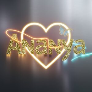 Radiant golden Ananya letters glowing with orange-blue accents and a whimsical butterfly."