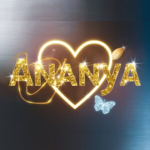 "Glittering gold Ananya logo with subtle orange-to-blue neon glow and glowing heart on silver."