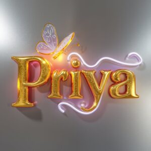 Dreamy "Priya Name DP" in radiant gold with a neon gradient and butterfly charm.